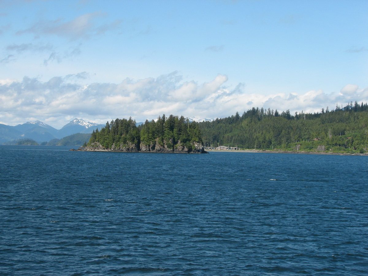 A forested point of land meeting calm water, with low buildings along the shoreline and snow-topped mountains beyond.